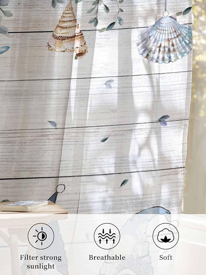 Sheer Curtains 63 Inch Length, Coastal Eucalyptus Leaf Semi Sheer Curtains Light Filtering Window Treatment, Ocean Blue Gnomes Starfish Wood Grain Privacy Voile Drapes for Living Room 52x63 Inch