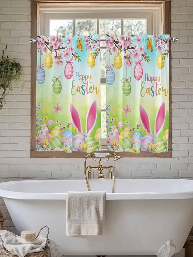 Easter Kitchen Curtains 54 Inches length, Spring Bunny Colorful Rabbit Eggs Butterfly Blue Green Window Treatment Curtain Drapes, Decorative Window Curtains for Bedroom Cafe, 52"x54", 2 Panels