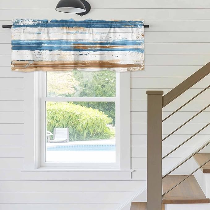 Vintage Blue Valances for Windows, Brown Wood Grain Mottled Texture Abstract Art Kitchen Valance Light Filtering Rod Pocket Short Curtains for Kitchen Bathroom, 1 Panel, 54"x18"