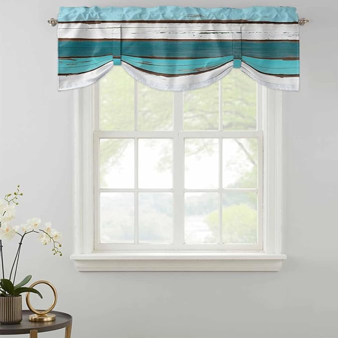 Turquoise Teal Tie Up Valance Curtains for Windows, Kitchen Curtains Window Shades, Farmhouse Retro Ombre Wooden Grain Light Filtering Roman Curtain Valances for Bedroom/Bathroom/Cafe 42"x12"