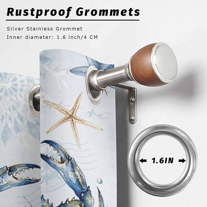 Oceans Outdoor Curtains for Patio Crabs Marine Life Shell Starfish Blue Waterproof Outside Curtains with Grommet Top Weatherproof Curtain for Cabana Pergola Gazebo, 1 Panel, 54" W x 95" L