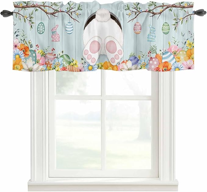 Easter Bunny Curtain Valances for Windows, Kitchen Valance Window Treatment, Easter Eggs Spring Farmhouse Wood Grain Teal Blue Light Filter Block Curtains for Bathroom/Bedroom/Living Room 54'' x 18''