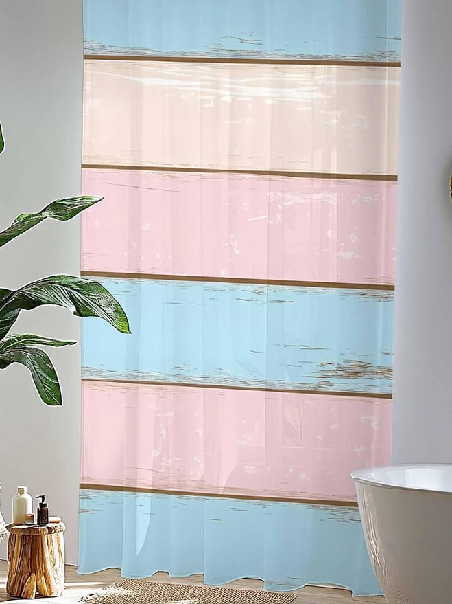Sheer Curtains 96 Inches Long, Pink Blue Wood Grain Semi Sheer Curtains Light Filtering Window Treatment, Farmhouse Country Shabby Striped Privacy Voile Drapes for Living Room Bedroom 52x96 Inch