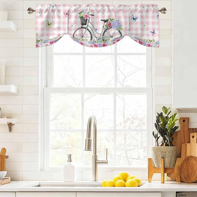 Spring Tie Up Valance Curtains for Windows, Kitchen Curtains Window Shades, Bicycles Leaves Butterfly Flowers Pink Buffalo Plaid Light Filtering Curtain Valances for Bedroom/Bathroom/Cafe 60"x18"