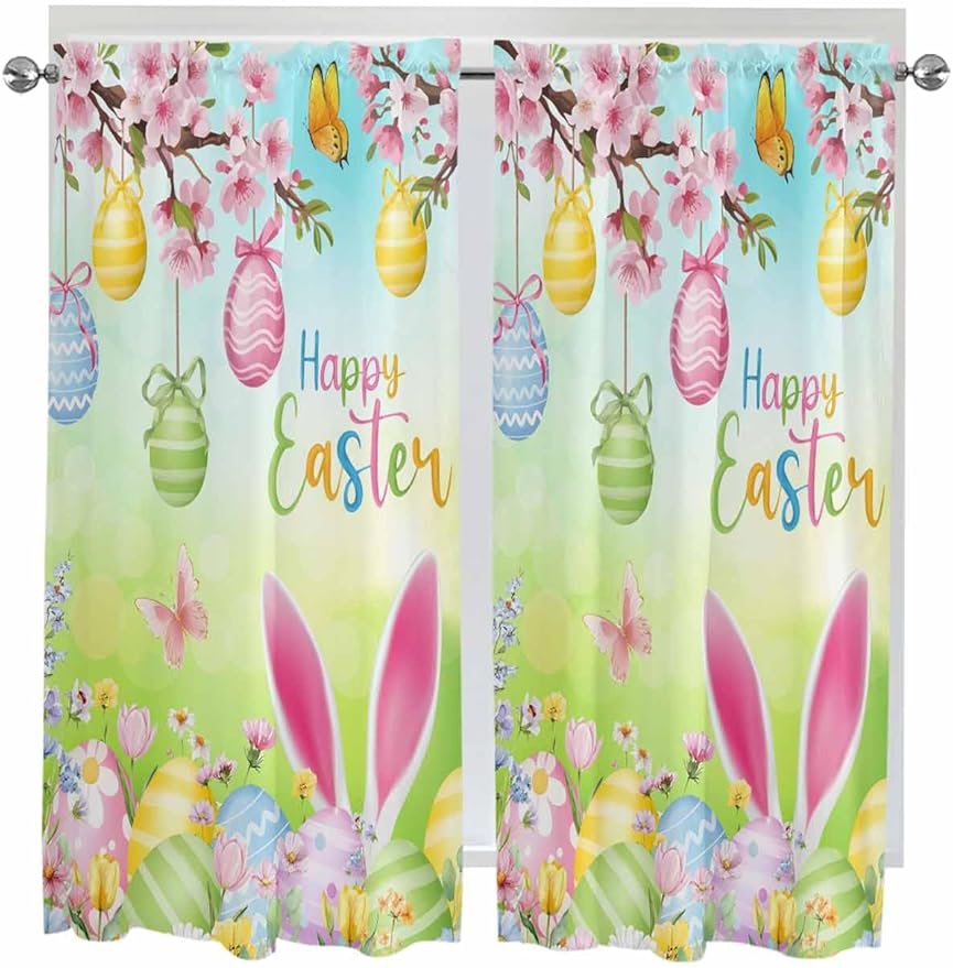 Easter Bedroom Curtains 63 Inches length, Spring Bunny Colorful Rabbit Eggs Butterfly Blue Green Window Treatment Curtain Drapes, Rod Pocket Curtain Panels for Living Room Kitchen, 42"x63", 2 Panels