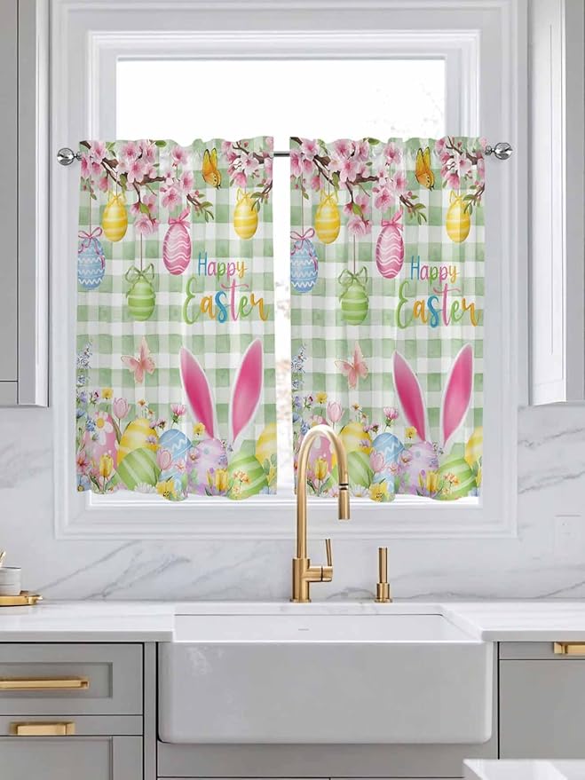 Happy Easter Kitchen Curtains 45 Inches length, Spring Bunny Eggs Flower Sage Green Plaid Window Treatment Curtain Drapes, Lightweight Window Panels for Living Room Bedroom, 52"x45", 2 Panels