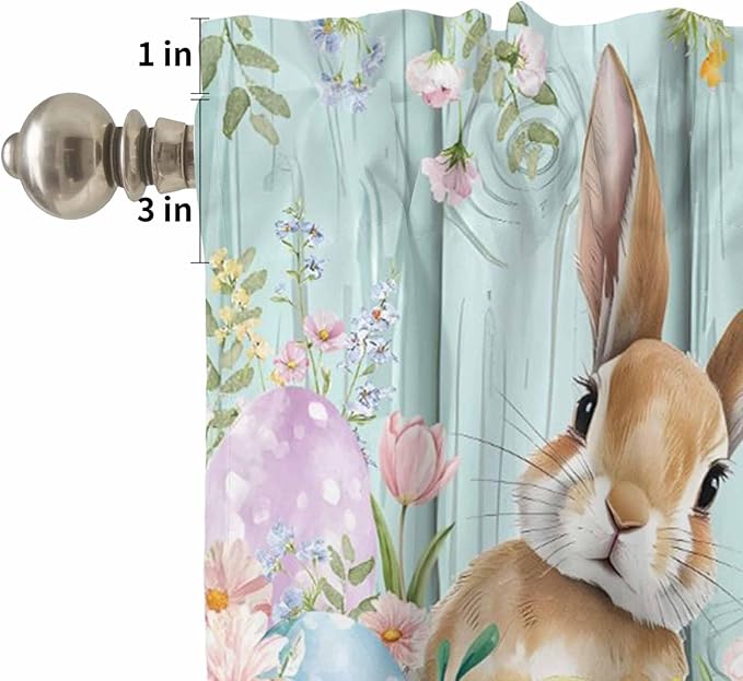 Kitchen Curtains Tiers and Valance Set of 3, Easter Light Filtering Window Curtain Set, Spring Rabbit Eggs Flowers Leaf Green Wooden Plank Rod Pocket Curtain Drapes for Living Room, 24 Inches Tiers