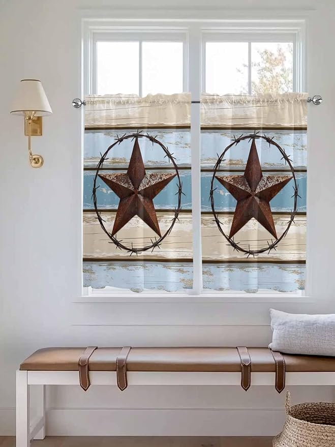 Vintage Western Star on Wood Grain Window Valance Curtains, Retro Wooden Texture Light Filtering Kitchen Valance with 3-inch Rod Pocket for Living Room Bathroom Bedroom,2 Panel,52x54In