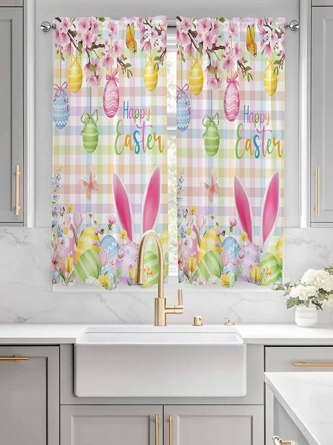 Happy Easter Bedroom Curtains 63 Inches length, Spring Bunny Colorful Eggs Flower Plaid Window Treatment Curtain Drapes, Rod Pocket Curtain Panels for Living Room Kitchen, 42"x63", 2 Panels