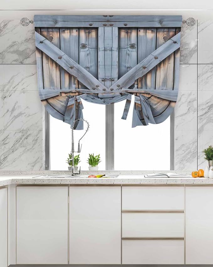Tie Up Curtains for Windows, Farmhouse Wood Grain Adjustable Balloon Nature Linen Textured Kitchen Curtain, Vintage Country Barn Gate Textured Blackout Curtains for Living Room, 46 x 63 Inches