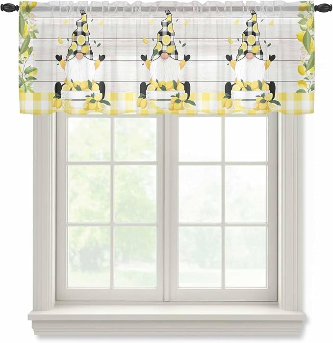 Lemon Dwarfs Sheer Valance Curtains, Gnome Green Leaf Wood Striped Black Plaid Light Filtering Kitchen Valances Rod Pocket Voile Curtain Window Treatment for Bedroom/Living Room/Basement 42Wx18L