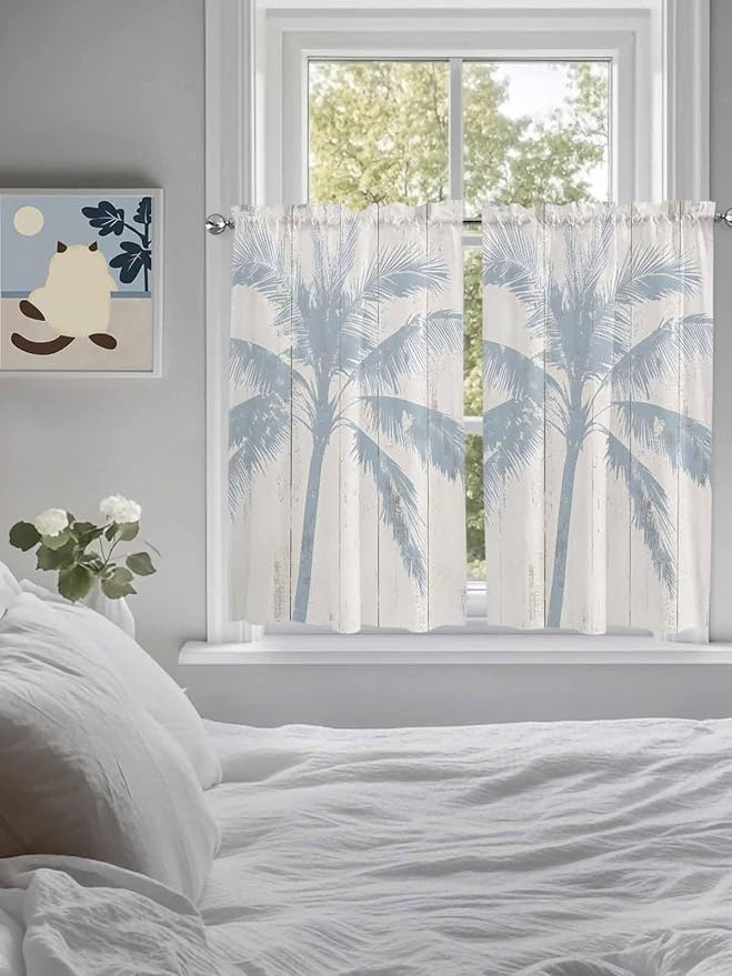 Summer Coconut Tree on Vintage Wood Grain Window Valance Curtains, Seaside Plants Light Filtering Kitchen Valance with 3-inch Rod Pocket for Living Room Bathroom Bedroom,2 Panel,27.5x45In