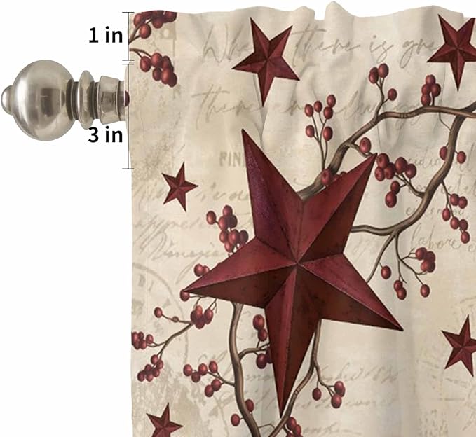 Kitchen Curtains Tiers and Valance Set of 3, Vintage Country Light Filtering Window Curtain Set, Vintage Rustic Texas Stars Plants Branch Rod Pocket Curtain Drapes for Living Room, 24 Inches Tiers