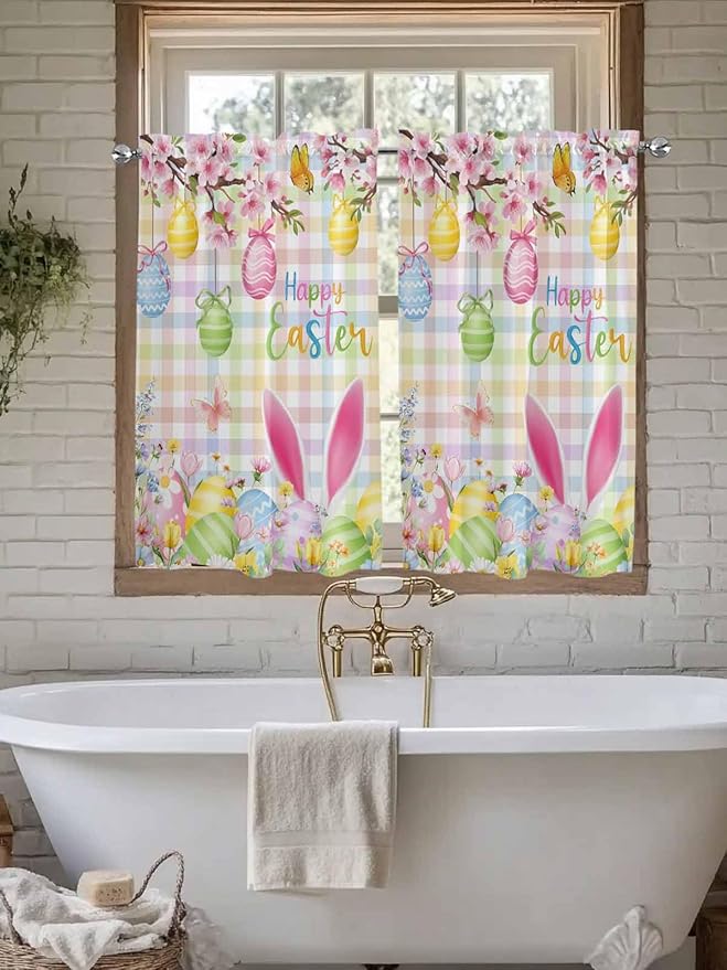 Happy Easter Kitchen Curtains 54 Inches Length, Spring Bunny Colorful Eggs Flower Plaid Window Treatment Curtain Drapes, Decorative Window Curtains for Bedroom Cafe, 52"x54", 2 Panels