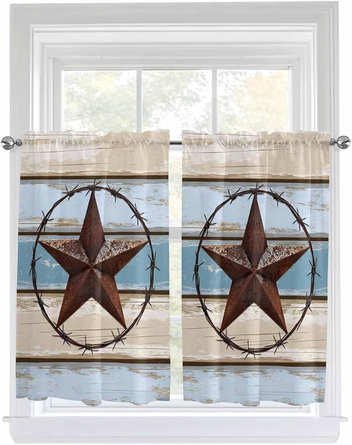 Vintage Western Star on Wood Grain Window Valance Curtains, Retro Wooden Texture Light Filtering Kitchen Valance with 3-inch Rod Pocket for Living Room Bathroom Bedroom,2 Panel,52x45In