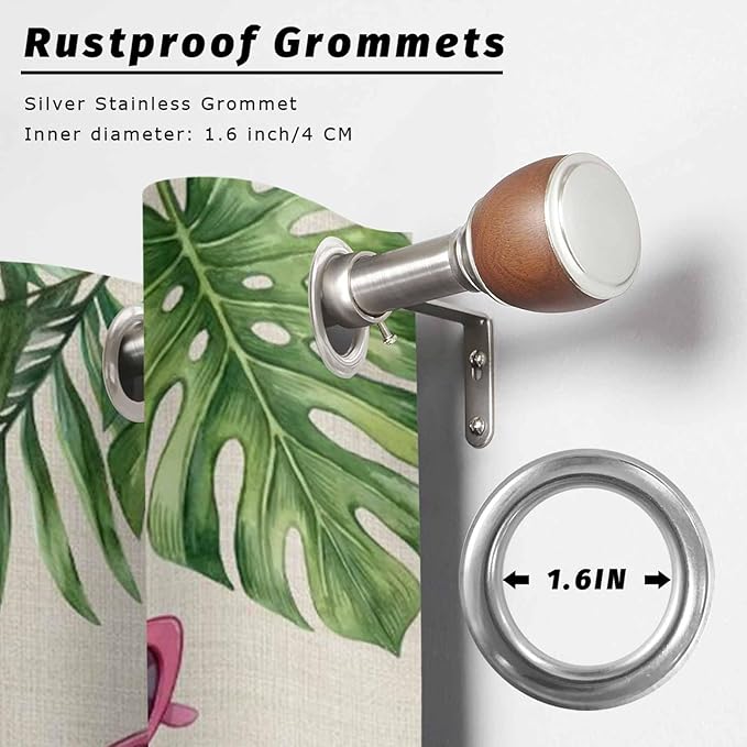 Summer Flamingbirds Outdoor Curtains for Patio Palm Leaves Plumeria Linen Waterproof Outside Curtains with Grommet Top Weatherproof Curtain for Cabana Pergola Gazebo, 1 Panel, 54" W x 84" L