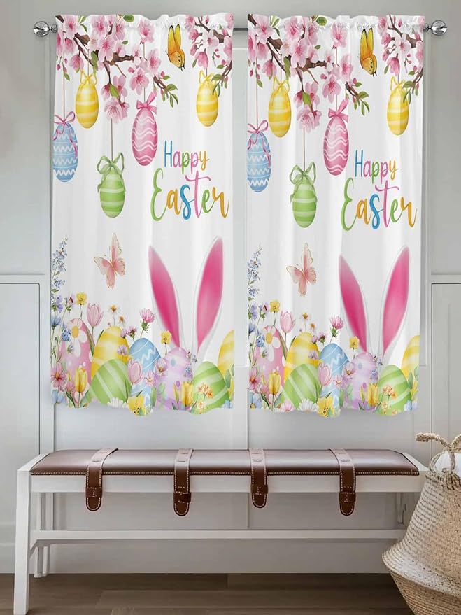 Happy Easter Living Room Curtains 72 Inches length, Spring Watercolor Bunny Eggs Flower Branch Window Treatment Curtain Drapes, Light Filtering Drapes for Bedroom Laundry Room, 52"x72", 2 Panels