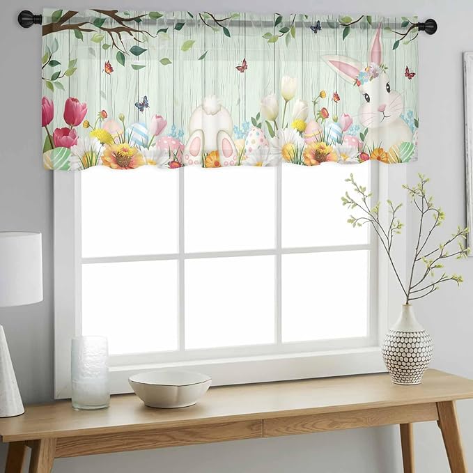 Easter Sheer Valances for Windows 54"x18", Light Filtering Kitchen Curtains Valance, Spring Watercolor Bunny Eggs Tulip Wooden Grain Teal Rod Pocket Chiffon Curtains for Living Room Bedroom Cafe