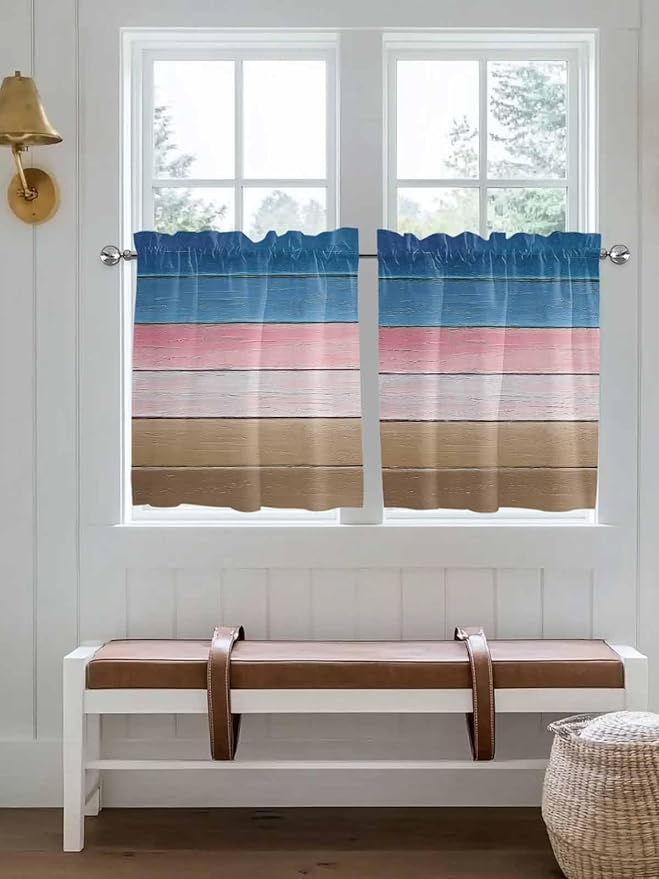 Blue Pink Brown Gradient Wood Grain Window Valance Curtains, Vintage Wood Board Light Filtering Kitchen Valance with 3-inch Rod Pocket for Living Room Bathroom Bedroom,2 Panel,27.5x36In