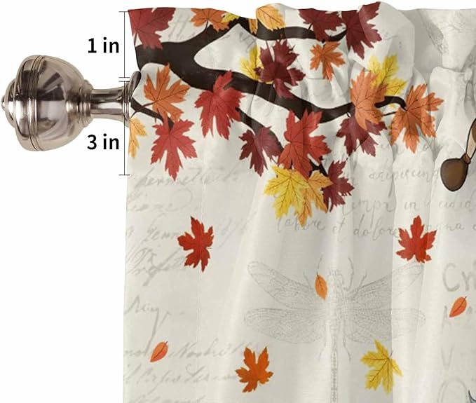 Fall Kitchen Curtain Set, Thanksgiving Gnomes Maple Leaf Pumpkin Beige Window Valance and Tiers 36" Length, Light Filtering Short Curtains Valance for Cafe Bathroom Bedroom 54"x18"