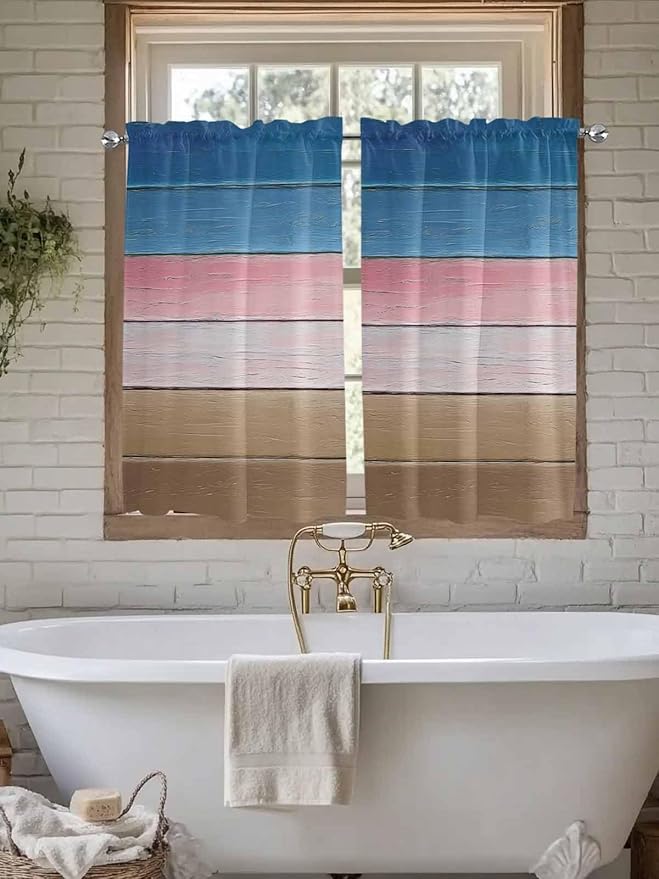 Blue Pink Brown Gradient Wood Grain Window Valance Curtains, Vintage Wood Board Light Filtering Kitchen Valance with 3-inch Rod Pocket for Living Room Bathroom Bedroom,2 Panel,27.5x45In
