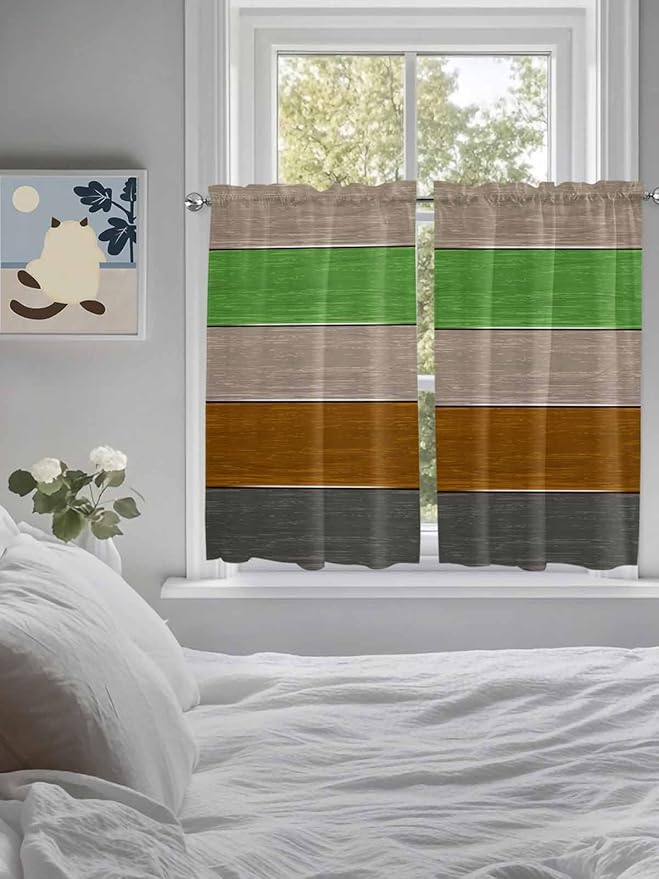 Farm Gray Green Brown Wood Grain Window Valance Curtains, Rustic Wooden Plank Light Filtering Kitchen Valance with 3-inch Rod Pocket for Living Room Bathroom Bedroom,2 Panel,27.5x45In
