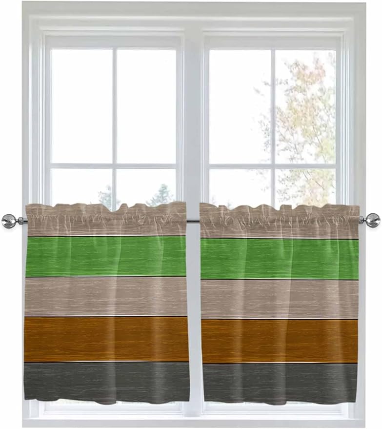 Farm Gray Green Brown Wood Grain Window Valance Curtains, Rustic Wooden Plank Light Filtering Kitchen Valance with 3-inch Rod Pocket for Living Room Bathroom Bedroom,2 Panel,27.5x36In