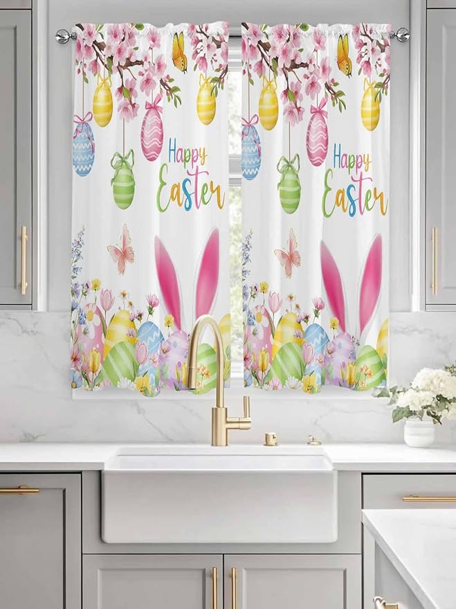 Happy Easter Bedroom Curtains 63 Inches length, Spring Watercolor Bunny Eggs Flower Branch Window Treatment Curtain Drapes, Rod Pocket Curtain Panels for Living Room Kitchen, 42"x63", 2 Panels