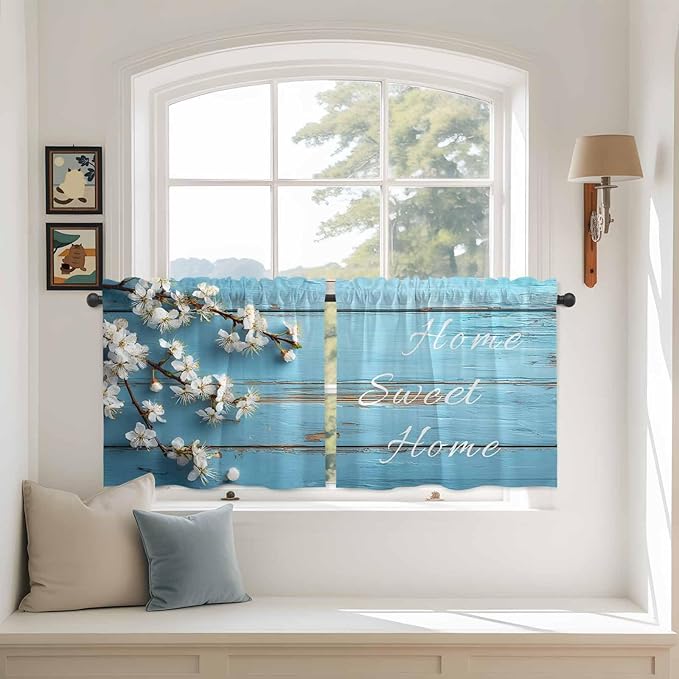Farmhouse Wooden Grain Tier Curtains, Vintage Shabby Chic Flower Blue Light Filtering Kitchen Curtains, 2Pcs Rod Pocket Half Window Treatments Panels for Sink Cafe Cabinet Camper 27.5x24 Inches