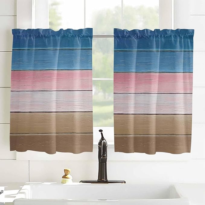 Blue Pink Brown Gradient Wood Grain Window Valance Curtains, Vintage Wood Board Light Filtering Kitchen Valance with 3-inch Rod Pocket for Living Room Bathroom Bedroom,2 Panel,42x45In