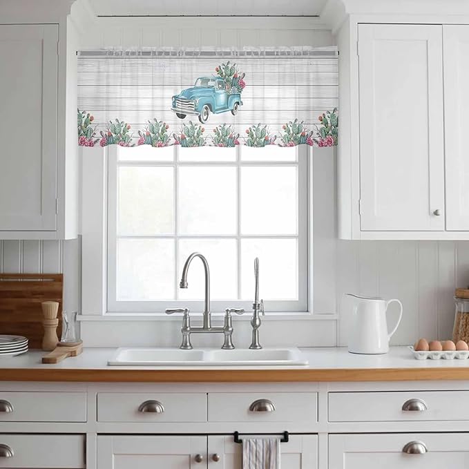 Farmhouse Sheer Valance Curtains, Summer Blue Car with Cactus Succulents Wood Grain Light Filtering Kitchen Valances Rod Pocket Voile Curtain Window Treatment for Bedroom/Living Room/Basement 60Wx18L