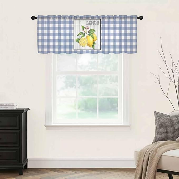 Lemon Sheer Valance Curtains, Summer Fruit Floral Wood Grain Blue Plaid Light Filtering Kitchen Valances Rod Pocket Voile Curtain Window Treatment for Bedroom/Living Room/Basement 54Wx18L