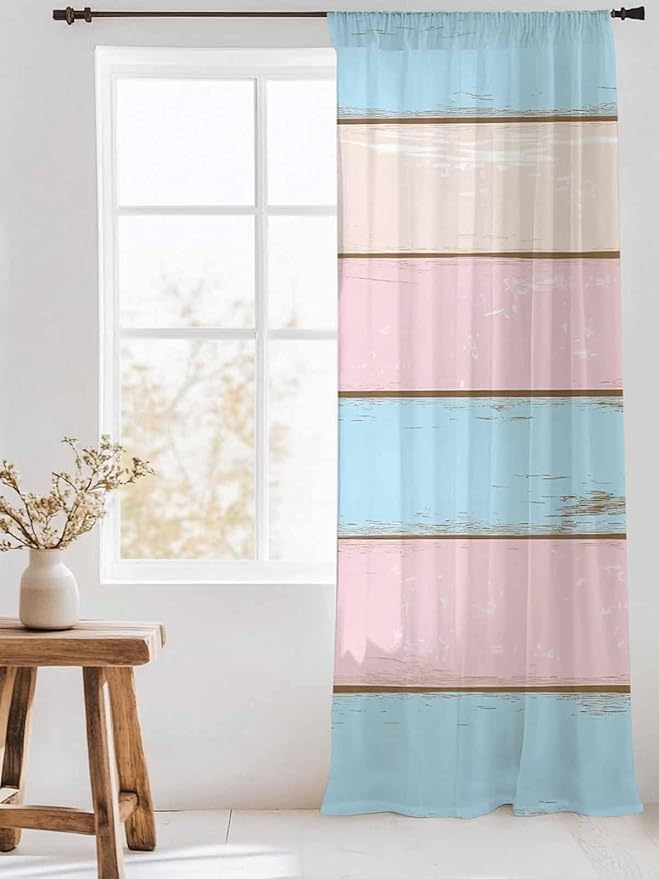 Sheer Curtains 96 Inches Long, Pink Blue Wood Grain Semi Sheer Curtains Light Filtering Window Treatment, Farmhouse Country Shabby Striped Privacy Voile Drapes for Living Room Bedroom 52x96 Inch