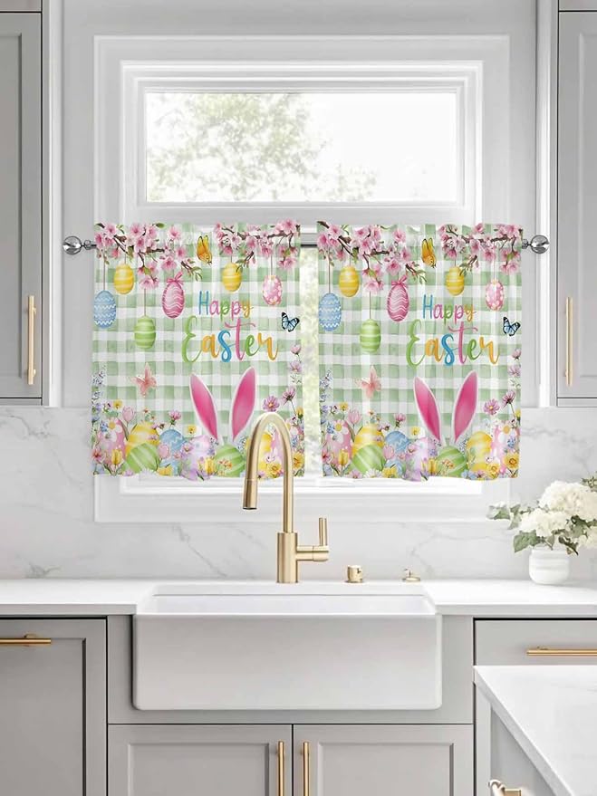 Happy Easter Half Window Curtain 36 Inches Long, Spring Bunny Eggs Flower Sage Green Plaid Window Treatment Curtain Drapes, Small Tier Curtains for Bathroom Over Sink, 27.5"x36", 2 Panels