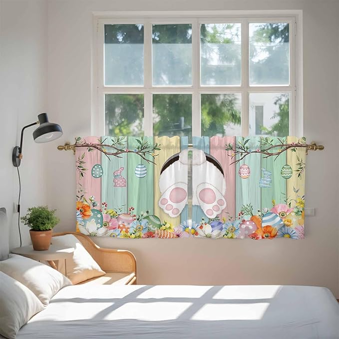 Easter Kitchen Tier Curtains 24 Inch Long 2 Panel Set,Rod Pocket Cafe Small Window Curtains Over Sink,Spring Colorful Bunny Eggs Flower Wood Grain Light Filtering Short Drapes 27.5"W x 24"L