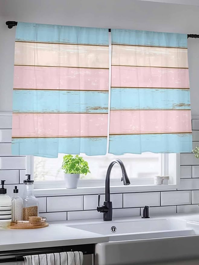 Sheer Curtains 54 Inch Length, Pink Blue Wood Grain Semi Sheer Curtains Light Filtering Window Treatment, Farmhouse Country Shabby Striped Privacy Voile Drapes for Living Room Bedroom 52x54 Inch