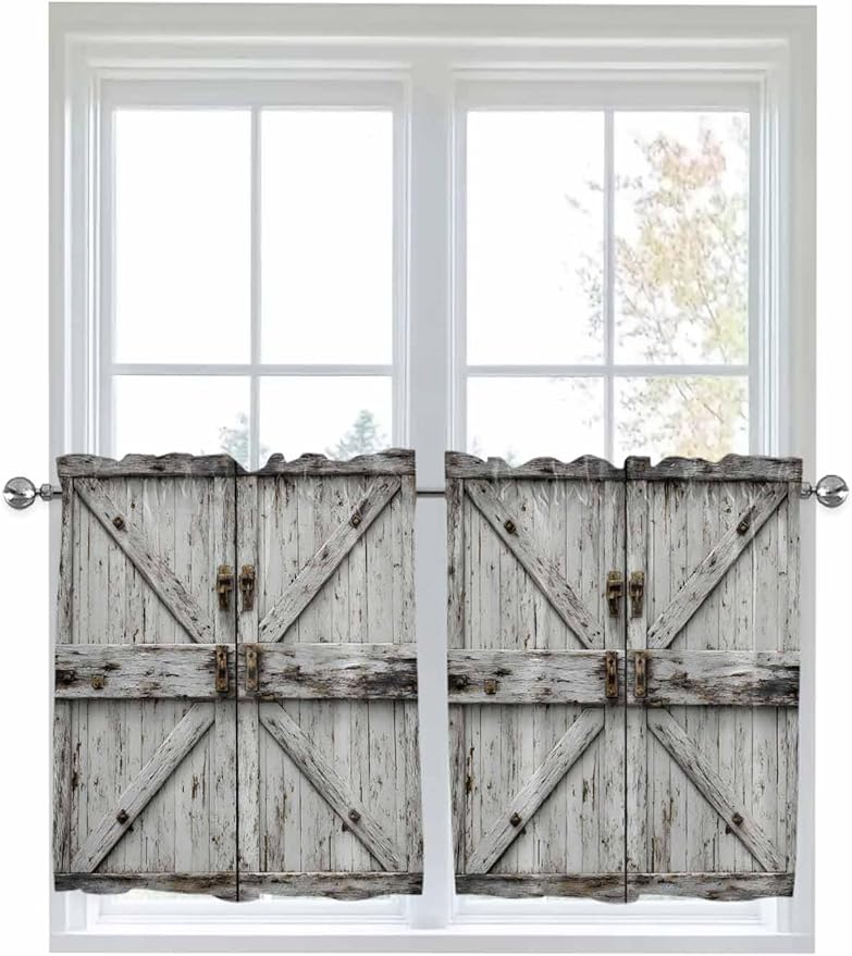 Vintage Gate Half Window Curtains 24 Inches Long, Farmhouse Wooden Grain Shabby Chic Door Window Treatment Curtain Drapes, Short Curtains Tiers for Kitchen Over Sink, 27.5"x24", 2 Panels