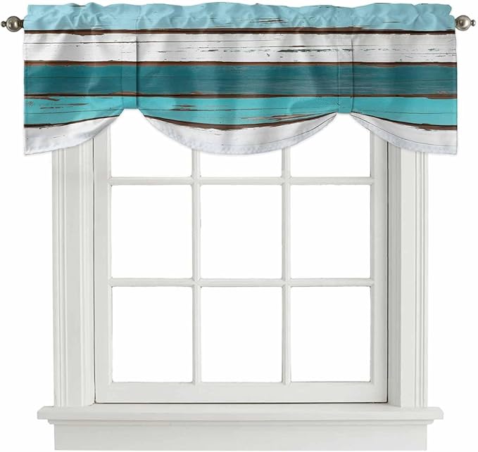 Turquoise Teal Tie Up Valance Curtains for Windows, Kitchen Curtains Window Shades, Farmhouse Retro Ombre Wooden Grain Light Filtering Roman Curtain Valances for Bedroom/Bathroom/Cafe 60"x18"