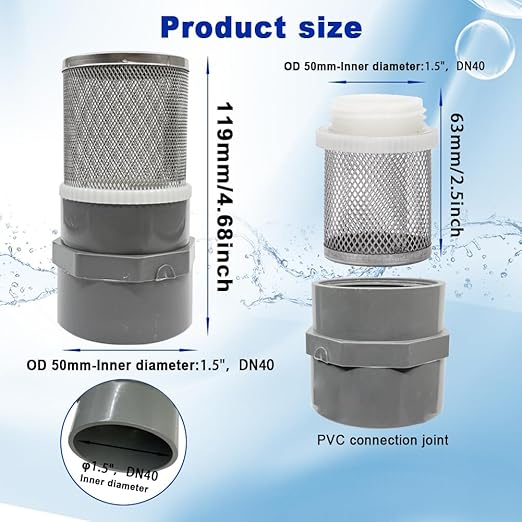 1.5" Stainless Steel Filter Cover Connected to 1.5 inch/DN40 Grey PVC Filter Water Pipe, Suction Strainers Used to Remove Debris and Reduce Solid Entry（1pcs）