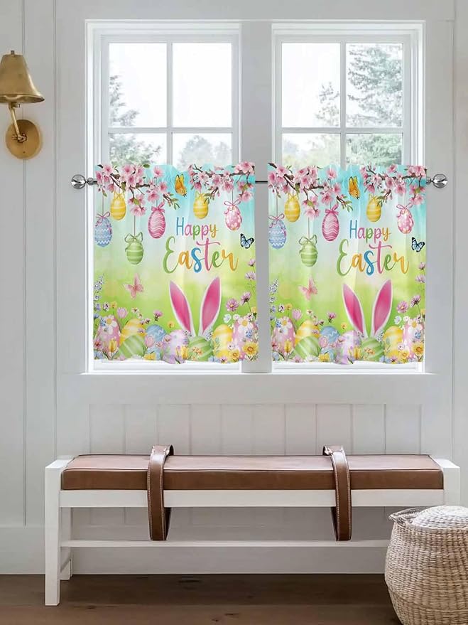Easter Half Window Curtains 24 Inches Long, Spring Bunny Colorful Rabbit Eggs Butterfly Blue Green Window Treatment Curtain Drapes, Short Curtains Tiers for Kitchen Over Sink, 27.5"x24", 2 Panels