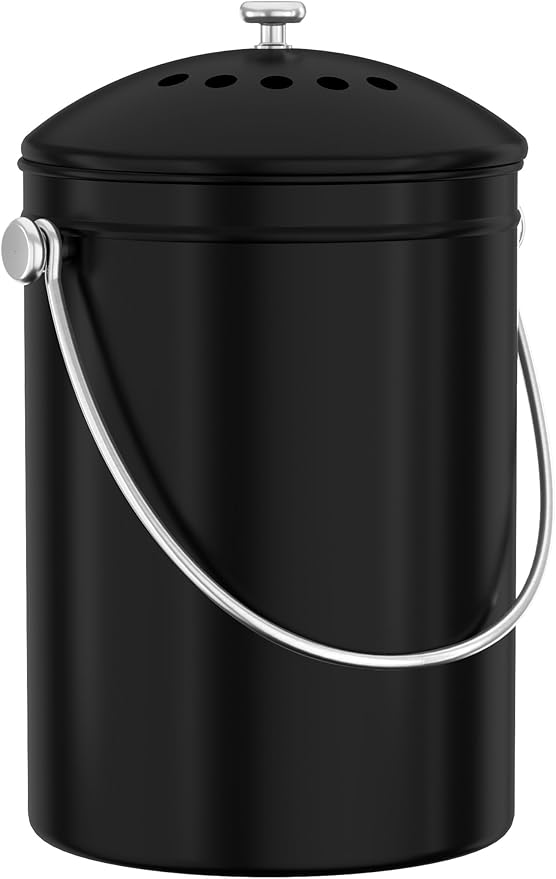 Utopia Kitchen Compost Bin for Kitchen Countertop, 1 Gallon Compost Bucket for Kitchen with Lid, Includes 1 Spare Charcoal Filter (Black)