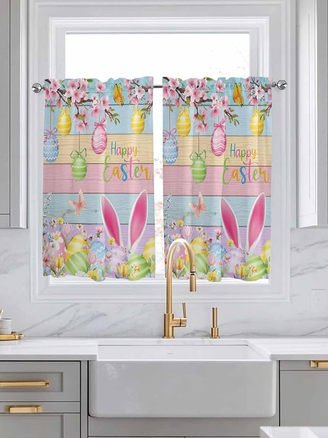 Colorful Easter Tier Curtains 45 Inches Long, Spring Watercolor Bunny Egg Flower Wood Grain Window Treatment Curtain Drapes, Small Curtain Drapes for Bathroom Laundry Room, 27.5"x45", 2 Panels