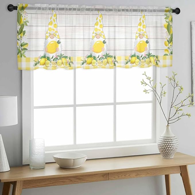 Lemon Dwarfs Sheer Valance Curtains, Gnome Green Leaf Wood Striped Yellow Plaid Light Filtering Kitchen Valances Rod Pocket Voile Curtain Window Treatment for Bedroom/Living Room/Basement 54Wx18L