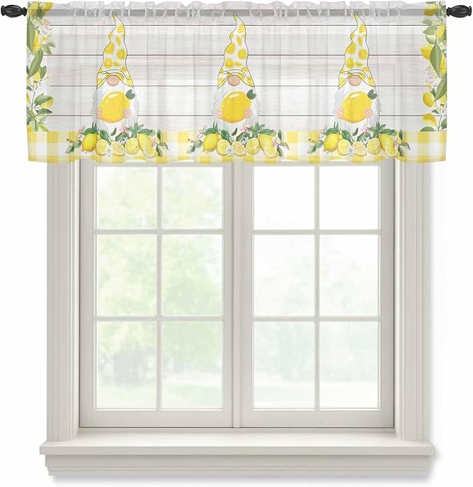 Lemon Dwarfs Sheer Valance Curtains, Gnome Green Leaf Wood Striped Yellow Plaid Light Filtering Kitchen Valances Rod Pocket Voile Curtain Window Treatment for Bedroom/Living Room/Basement 54Wx18L