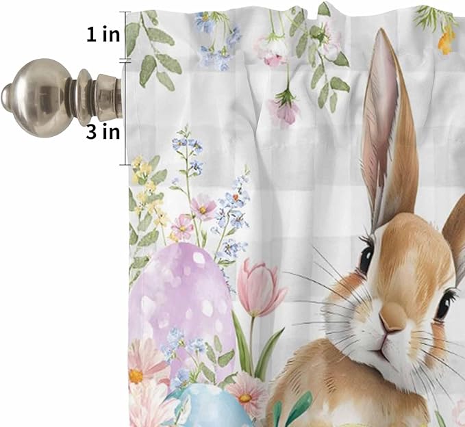 Kitchen Curtains Tiers and Valance Set of 3, Easter Light Filtering Window Curtain Set, Spring Rabbit Eggs Blooms Flowers Leaf Grey Plaid Rod Pocket Curtain Drapes for Living Room, 24 Inches Tiers