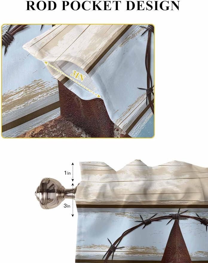Vintage Western Star on Wood Grain Window Valance Curtains, Retro Wooden Texture Light Filtering Kitchen Valance with 3-inch Rod Pocket for Living Room Bathroom Bedroom,2 Panel,27.5x36In