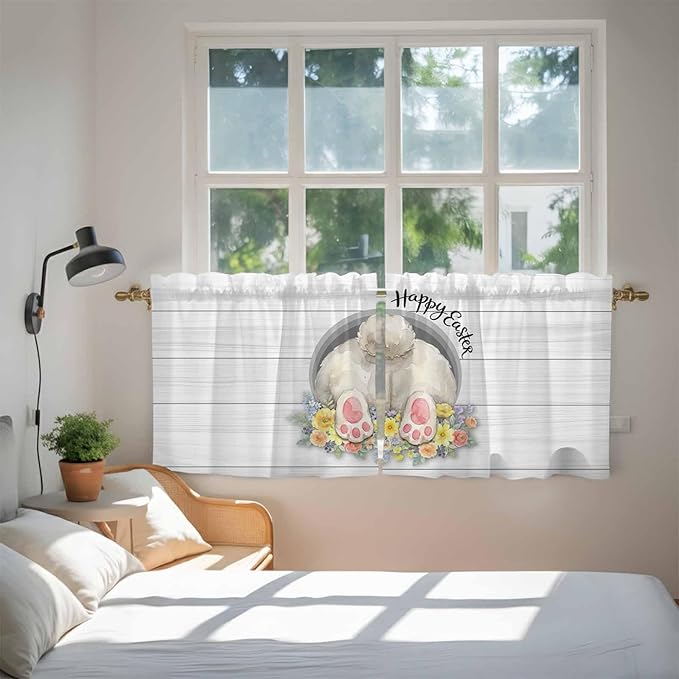 Easter Bunny Kitchen Tier Curtains 24 Inch Long 2 Panel Set,Rod Pocket Cafe Small Window Curtains Over Sink,3D Optical Illusion Farmhouse Flower Wood Grain Light Filtering Short Drapes 27.5"W x 24"L
