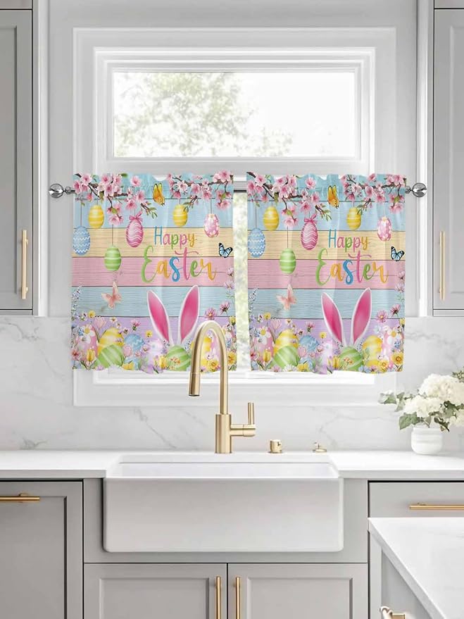 Colorful Easter Half Window Curtain 36 Inches Long, Spring Watercolor Bunny Egg Flower Wood Grain Window Treatment Curtain Drapes, Small Tier Curtains for Bathroom Over Sink, 27.5"x36", 2 Panels