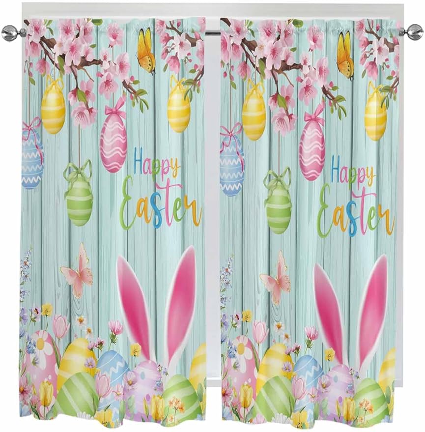 Happy Easter Bedroom Curtains 63 Inches length, Spring Bunny Eggs Flower Teal Wood Grain Window Treatment Curtain Drapes, Rod Pocket Curtain Panels for Living Room Kitchen, 42"x63", 2 Panels