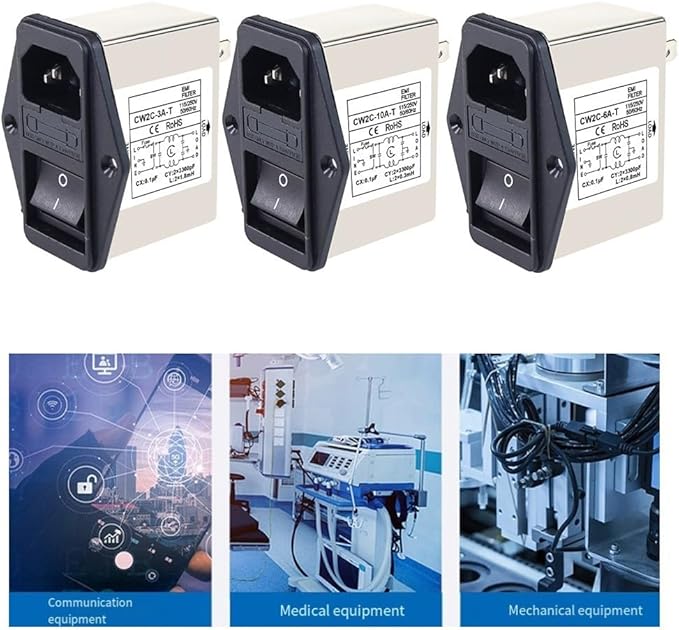 IEC Power Filter, Inlet Power Socket, IEC Socket Power Filter with Built-in Fuse and Rocker Switch, Noise Suppression, Compatible with CW2C-3A-T/CW2B-6A-T/CW2B-10A-T (CW2C-3A-T)
